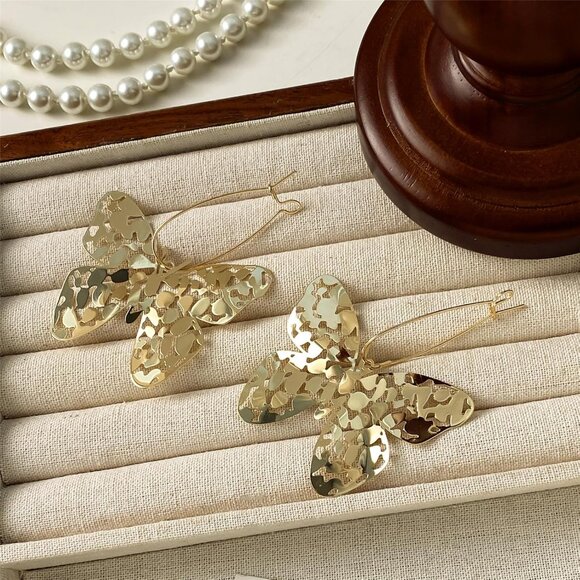 Big Gold Hollow Out Boho Geometric Hook Statement Gold Butterfly Dangle Earrings - Picture 6 of 8